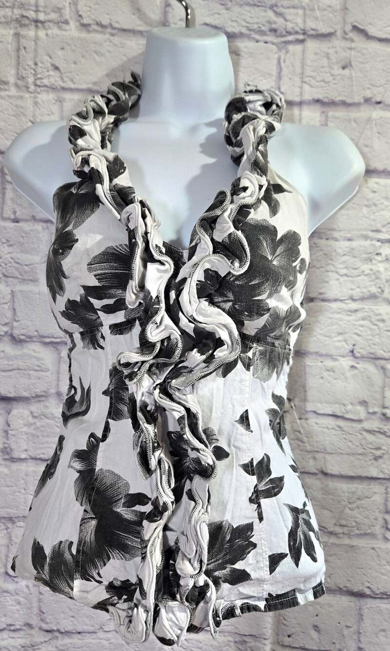 Wet Seal White Black Ruffled Halter Top S Padded Bodice Lightweight